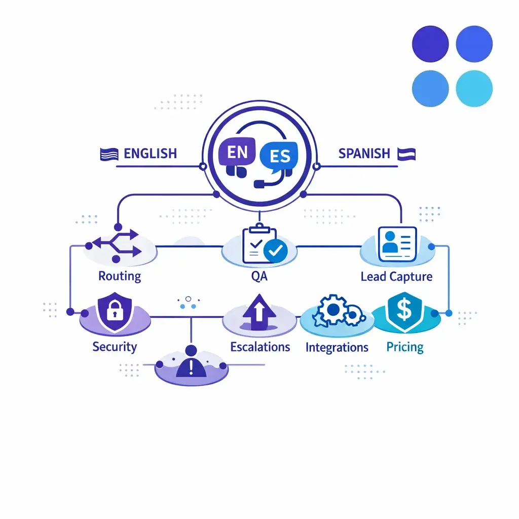 A central comparison dashboard shows bilingual call coverage, QA, routing, compliance, and conversion paths in a clean blue line-art layout.