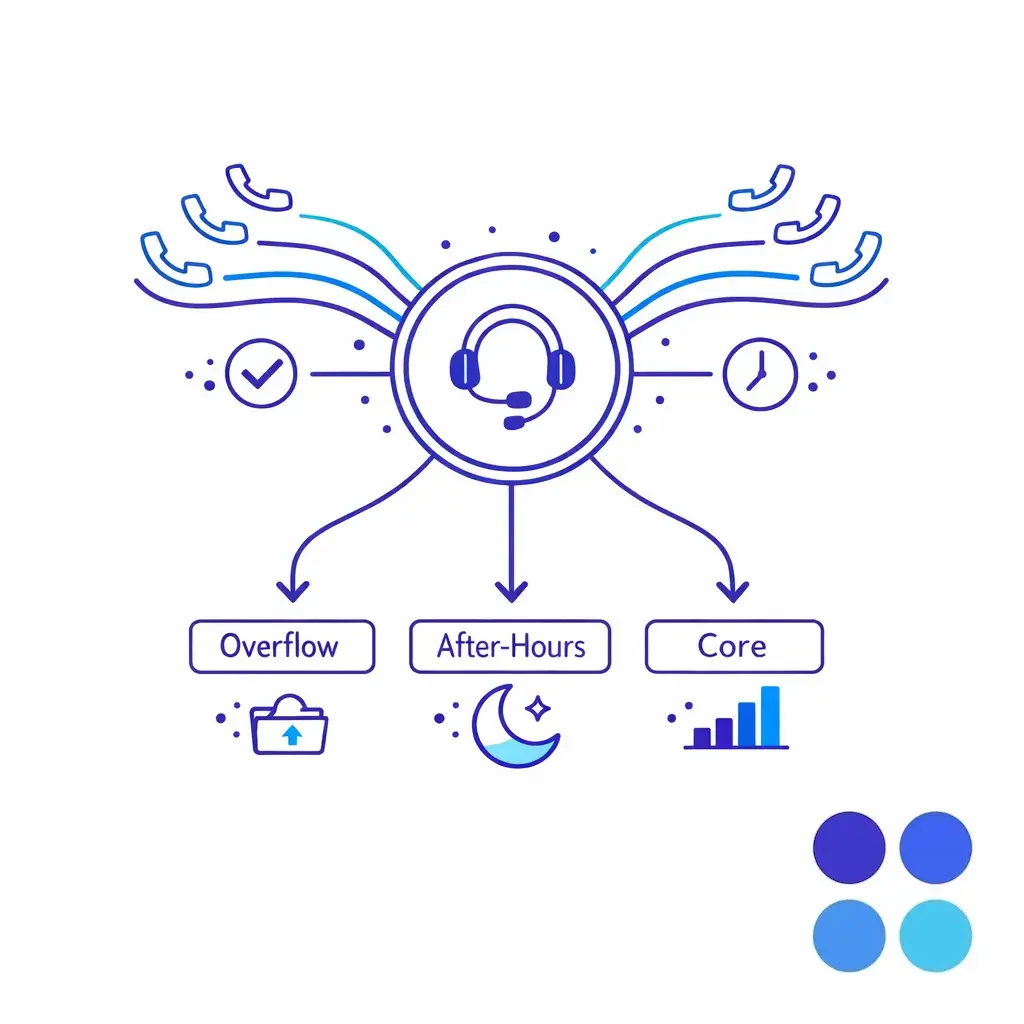 Central hub routes inbound calls to queues with clear priorities and outcomes.