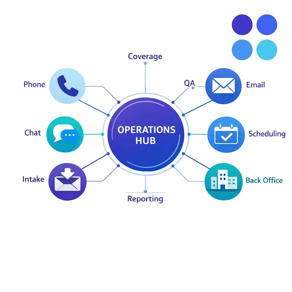 A central support control hub routes enterprise customer contacts across channels with clean measurable oversight.