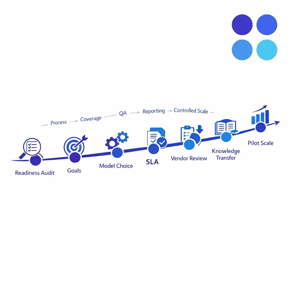 A central step-by-step outsourcing roadmap with seven stages shown as a clean blue workflow on white.
