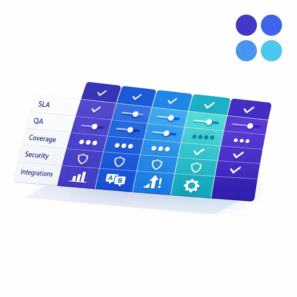 A clean comparison matrix shows enterprise teams weighing providers, SLAs, QA, coverage, and integration readiness.
