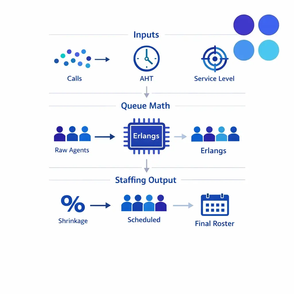 Minimal central infographic showing queue inputs, raw agents, and scheduled headcount on a white background.
