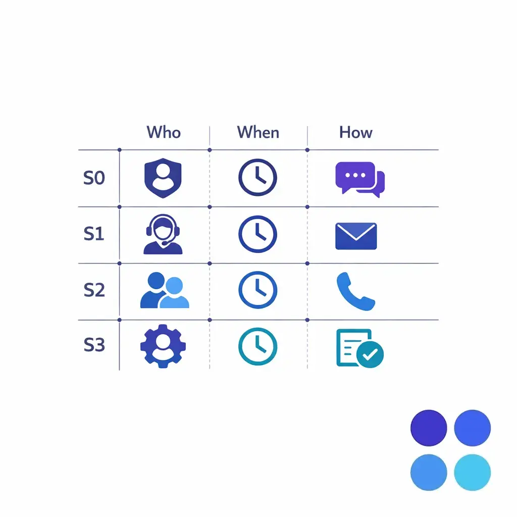 A clean grid shows severity levels mapped to who is notified, when, and how.