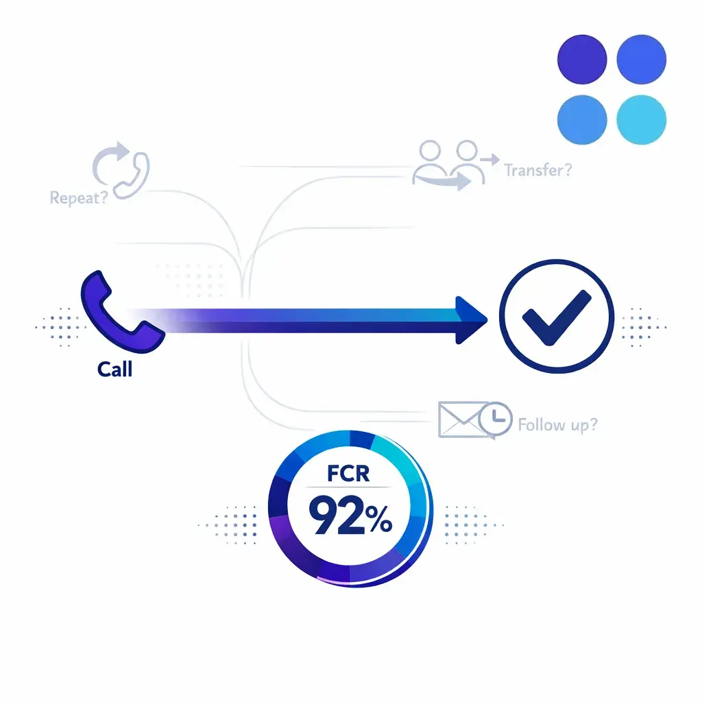 Minimal diagram showing a customer issue solved in one call with a rising FCR metric.