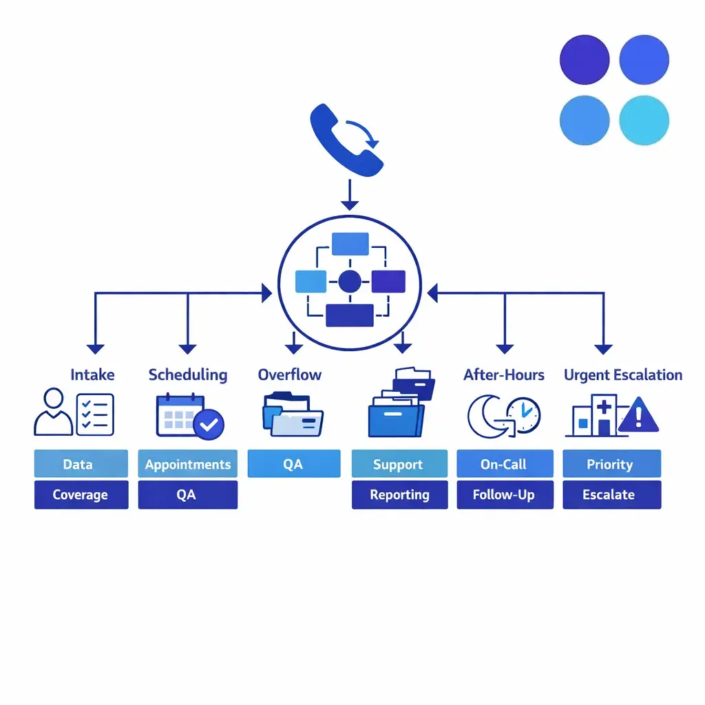 A clean medical call-routing diagram shows intake, triage, scheduling, and secure escalation paths on a white background.