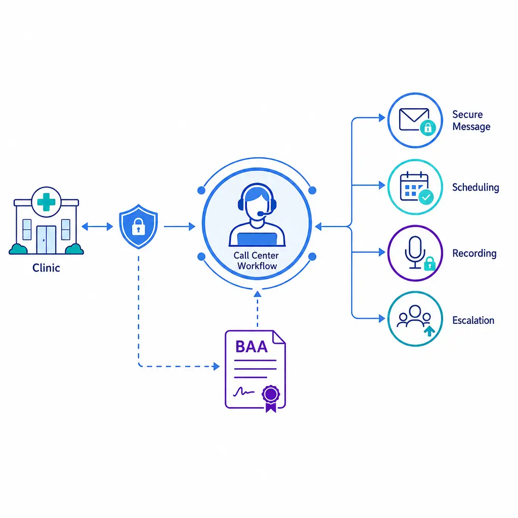 A central healthcare call flow diagram shows patient data moving through a vendor under a compliance contract.