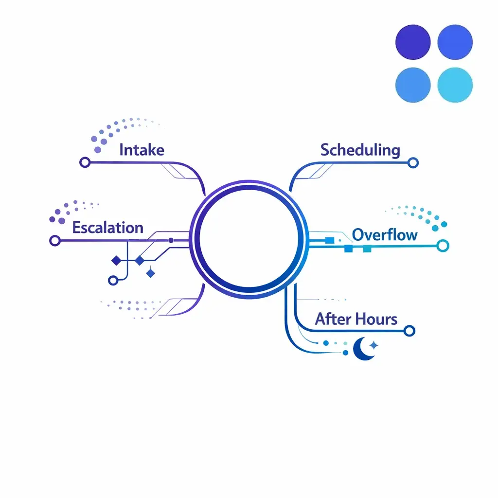 A central call flow diagram branches into intake, scheduling, escalation, overflow, and after-hours paths on a white background.