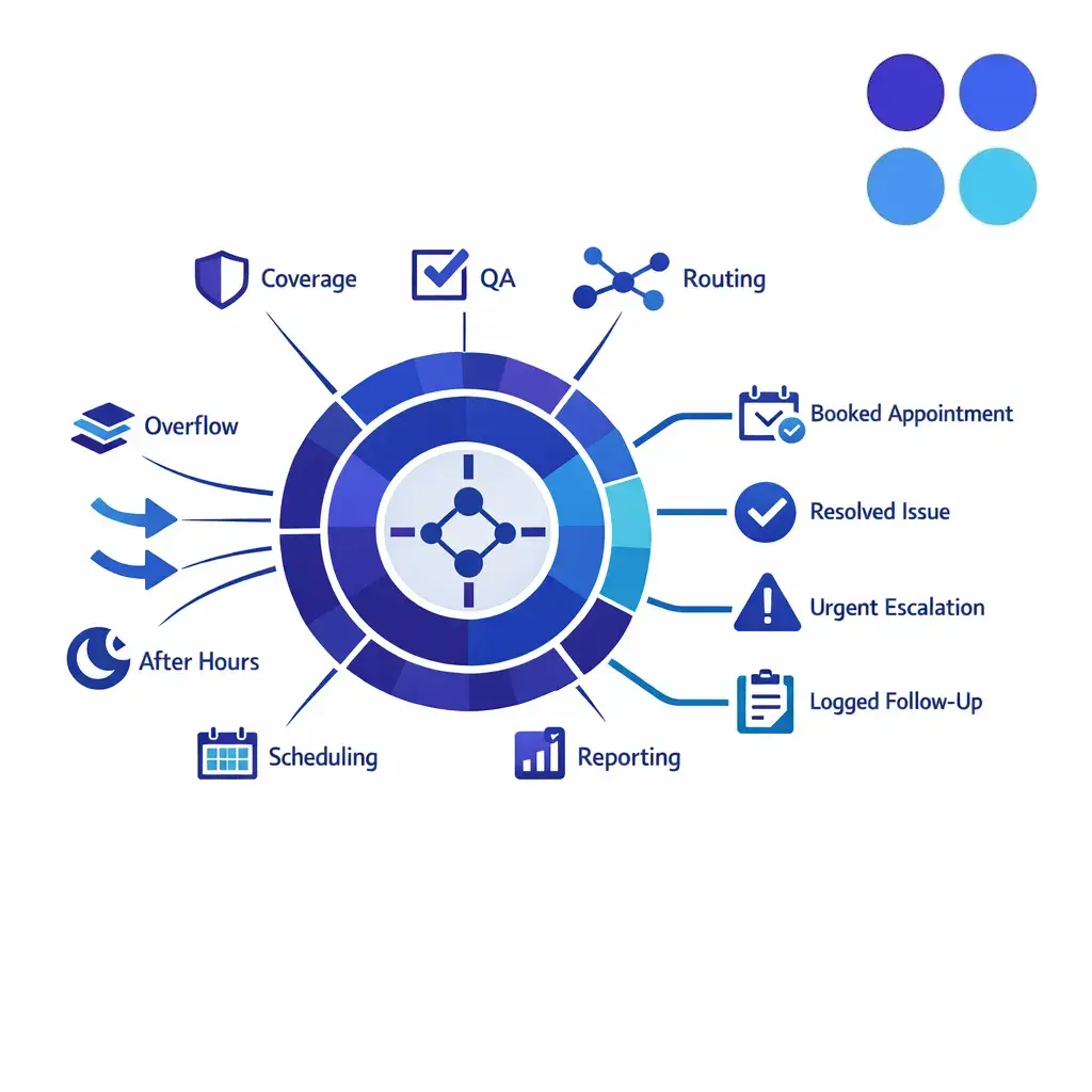 A central call operations dashboard visual shows routing, overflow, QA, and metrics in a clean blue enterprise style.