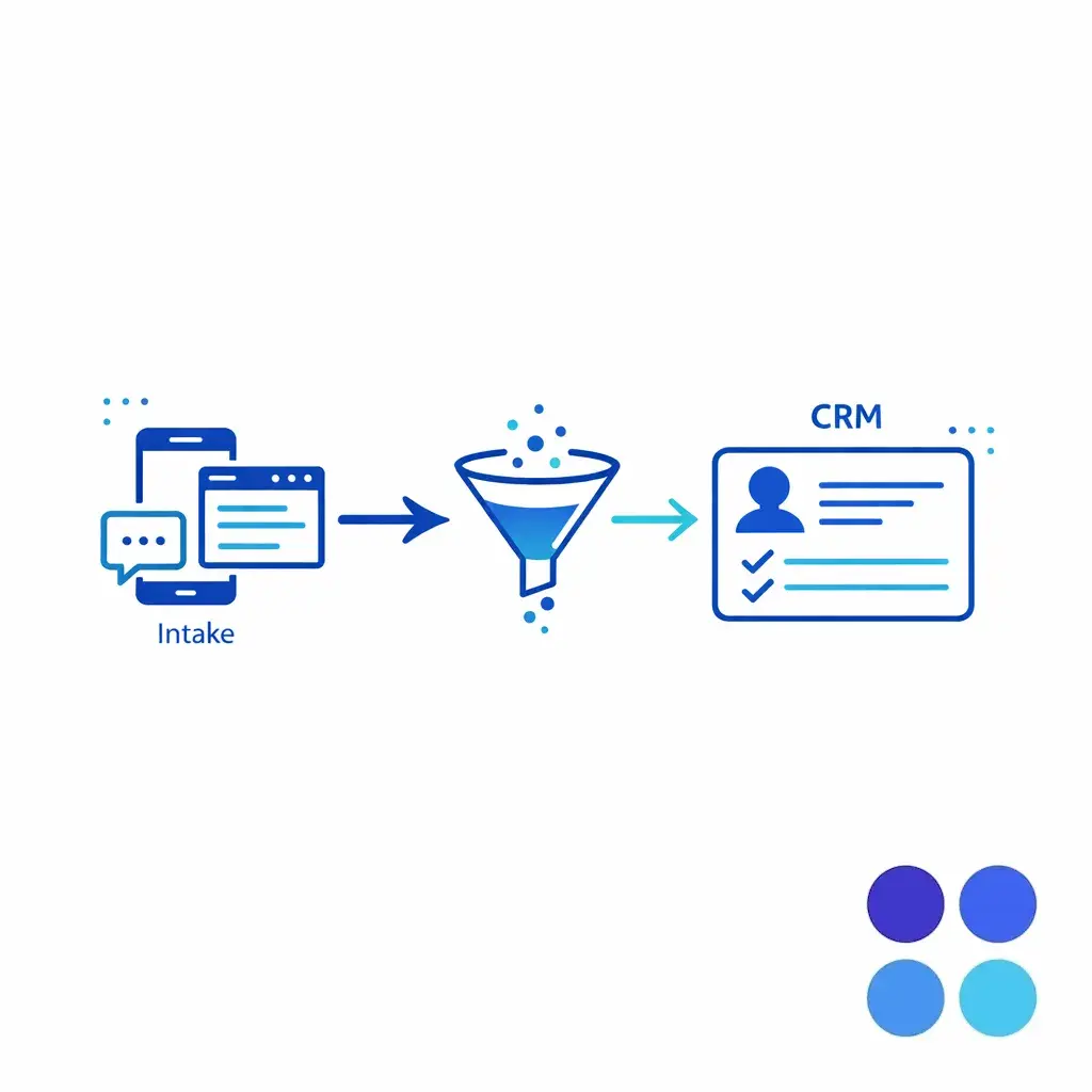 A clean pipeline diagram shows intake flowing into a CRM record with no errors.