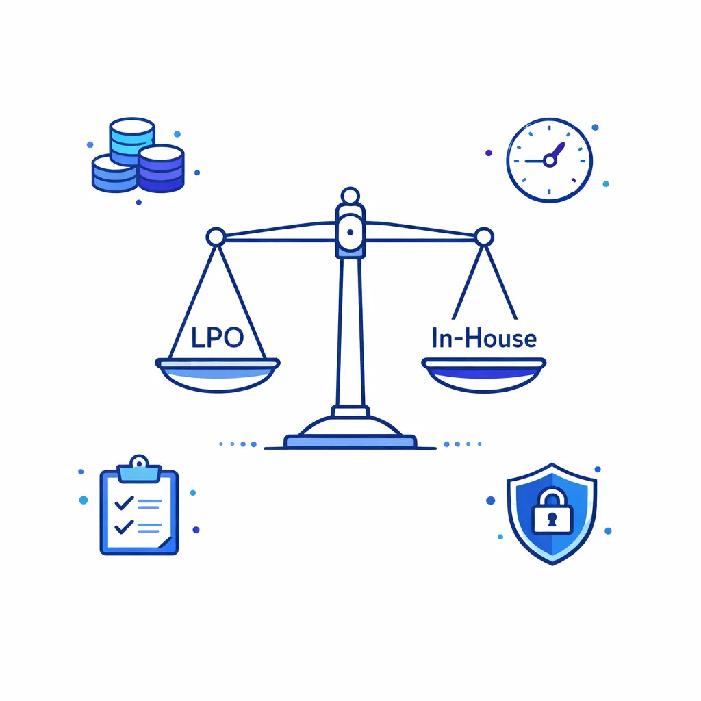 A balanced scale compares LPO and in-house paralegals across cost, speed, quality, and compliance.