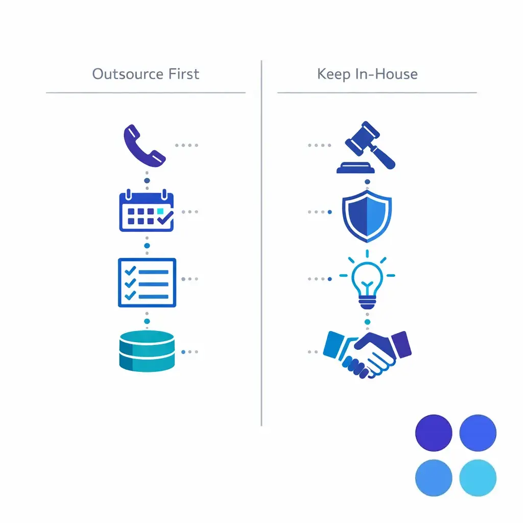 A split decision graphic shows repeatable tasks outsourced and judgment tasks kept in-house.