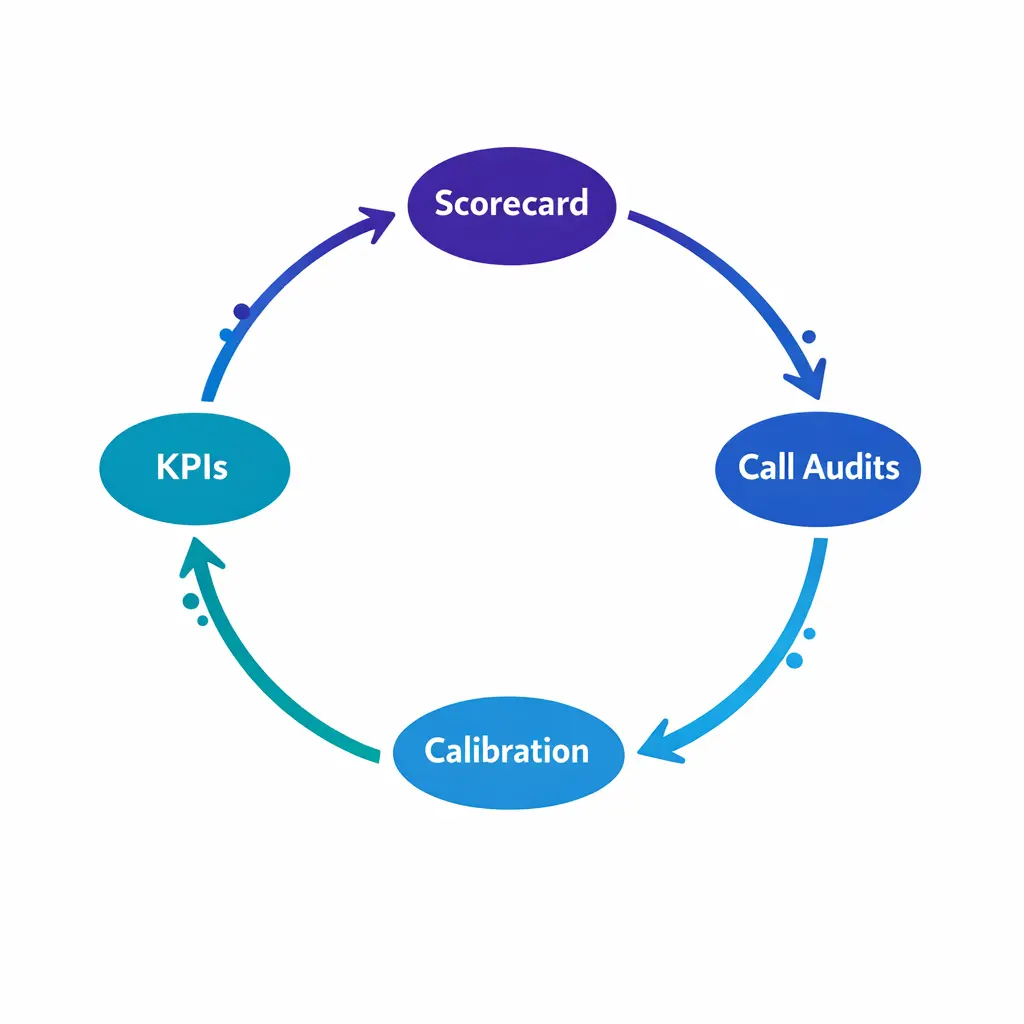 A four-part loop diagram shows scorecard, call audits, calibration, and KPIs working together.