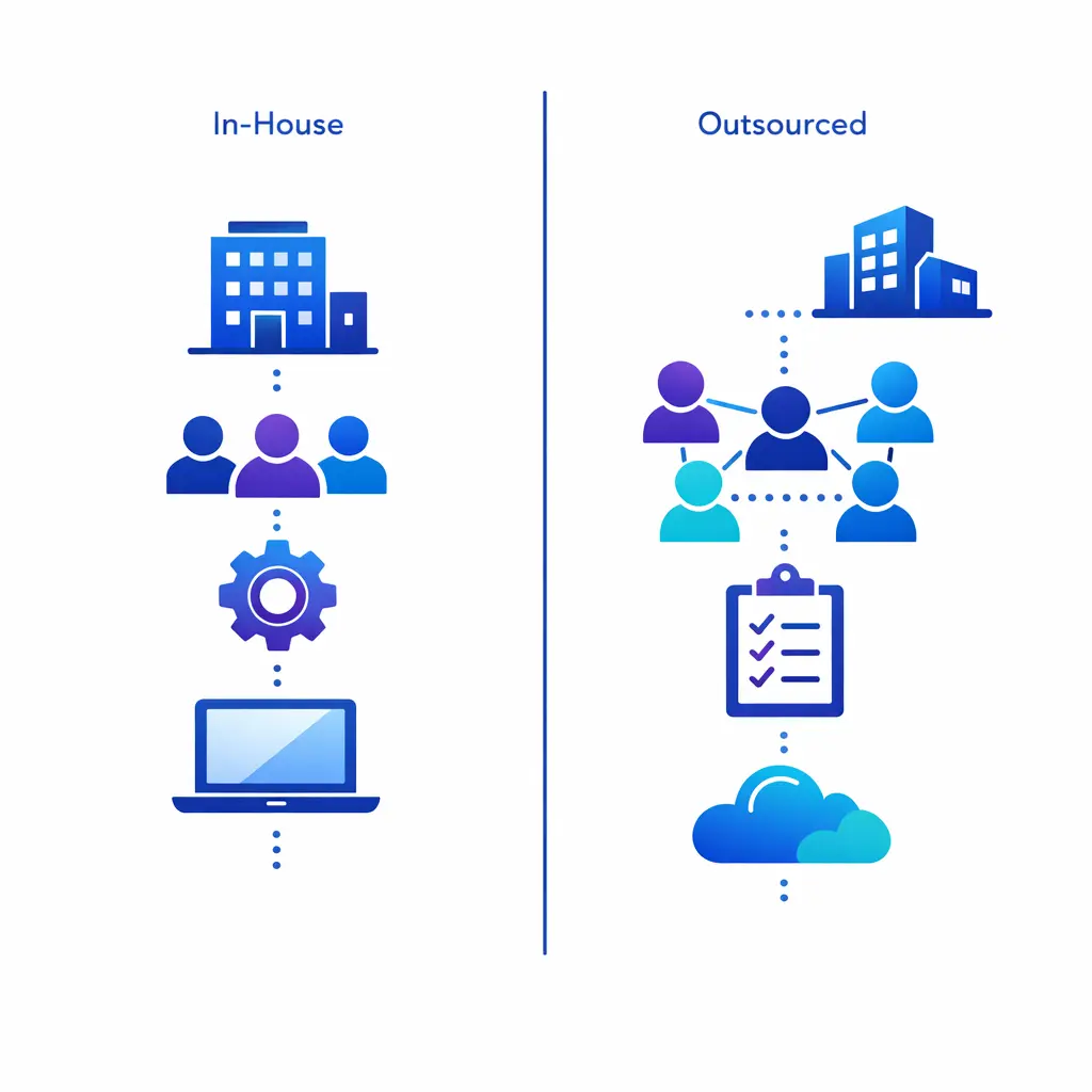 A split illustration comparing outsourced and in-house call center operations with icons for people, process, and tools.