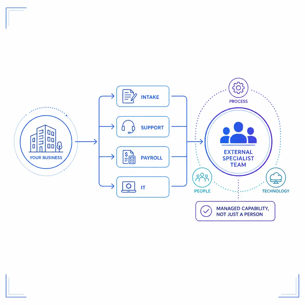 A central diagram shows a company routing defined work to an external managed team with clear oversight.