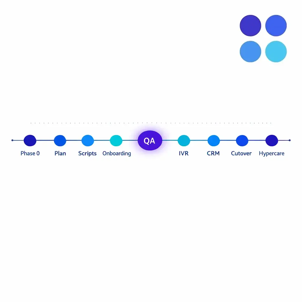 A clean phased roadmap shows discovery, scripts, onboarding, QA, IVR, CRM, cutover, and hypercare in sequence.