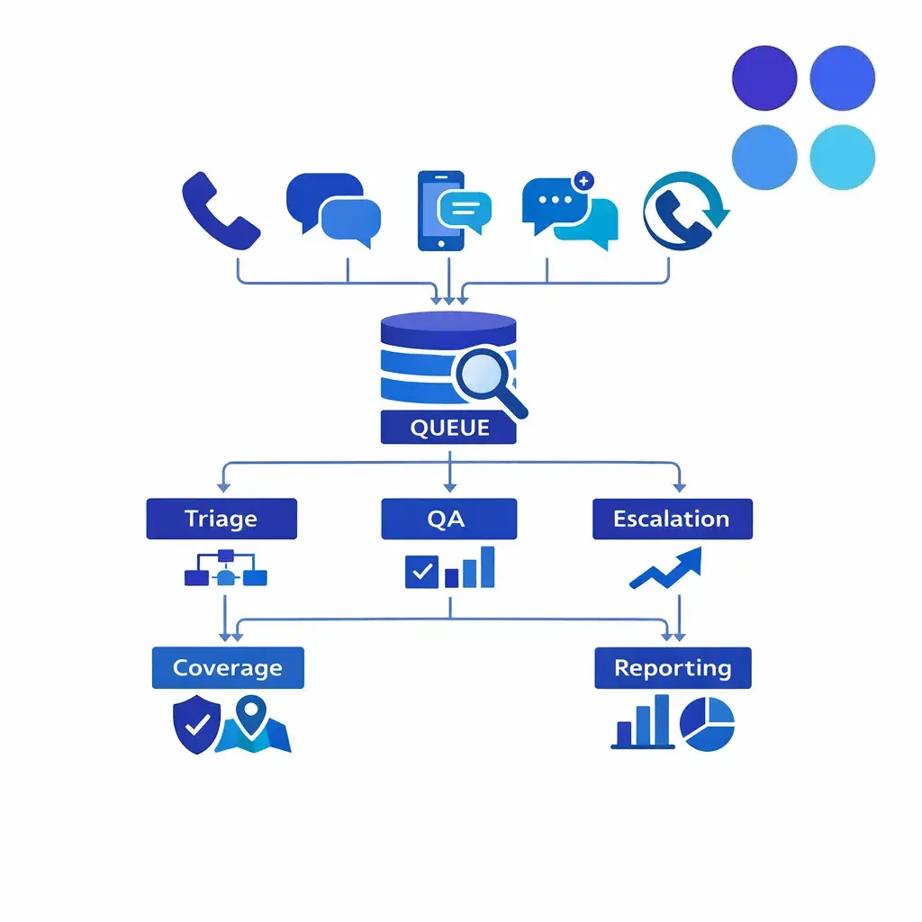 A central support dashboard shows live channels, routing, and escalation flowing in real time.