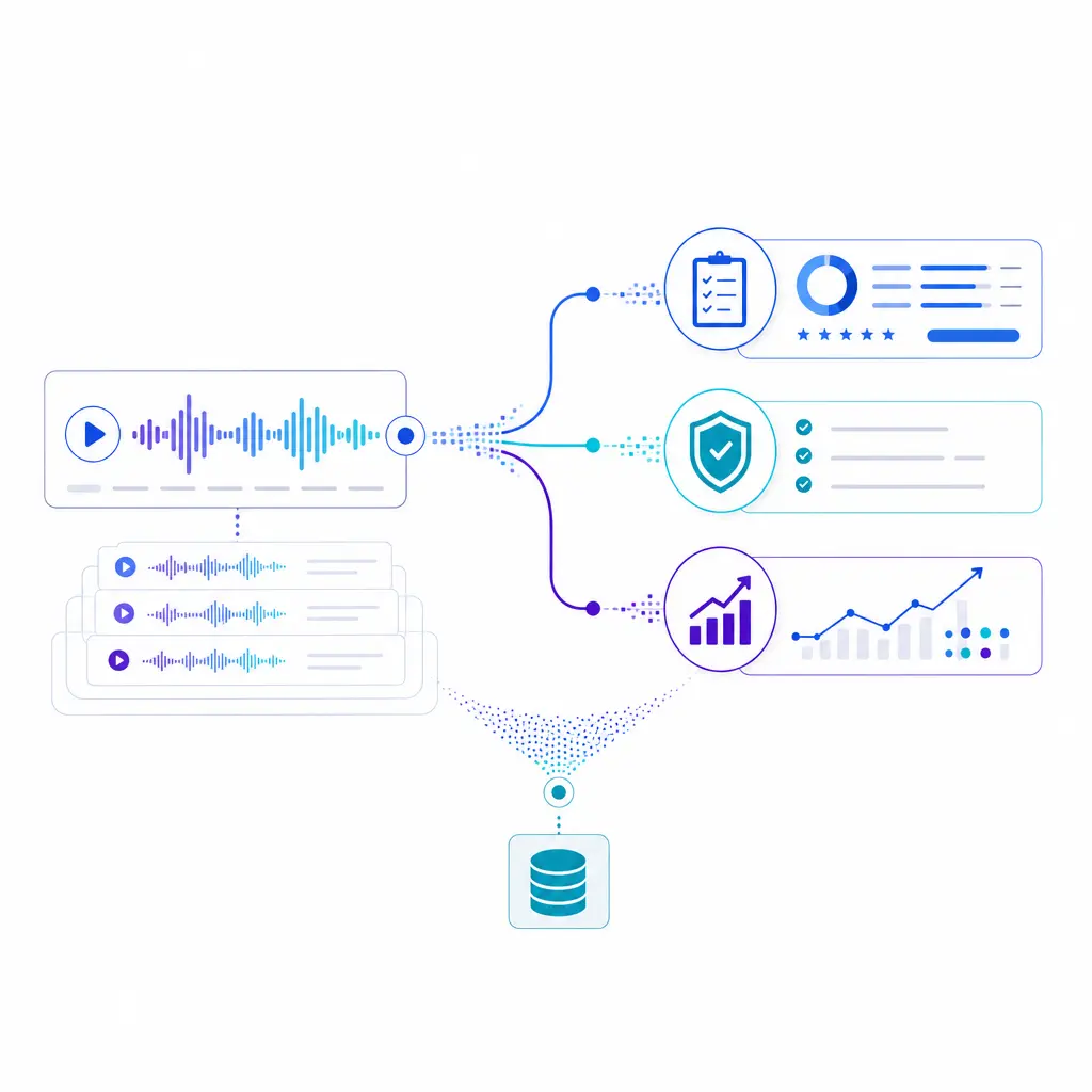 Central waveform transforms into QA, compliance, and revenue icons on a clean white background.
