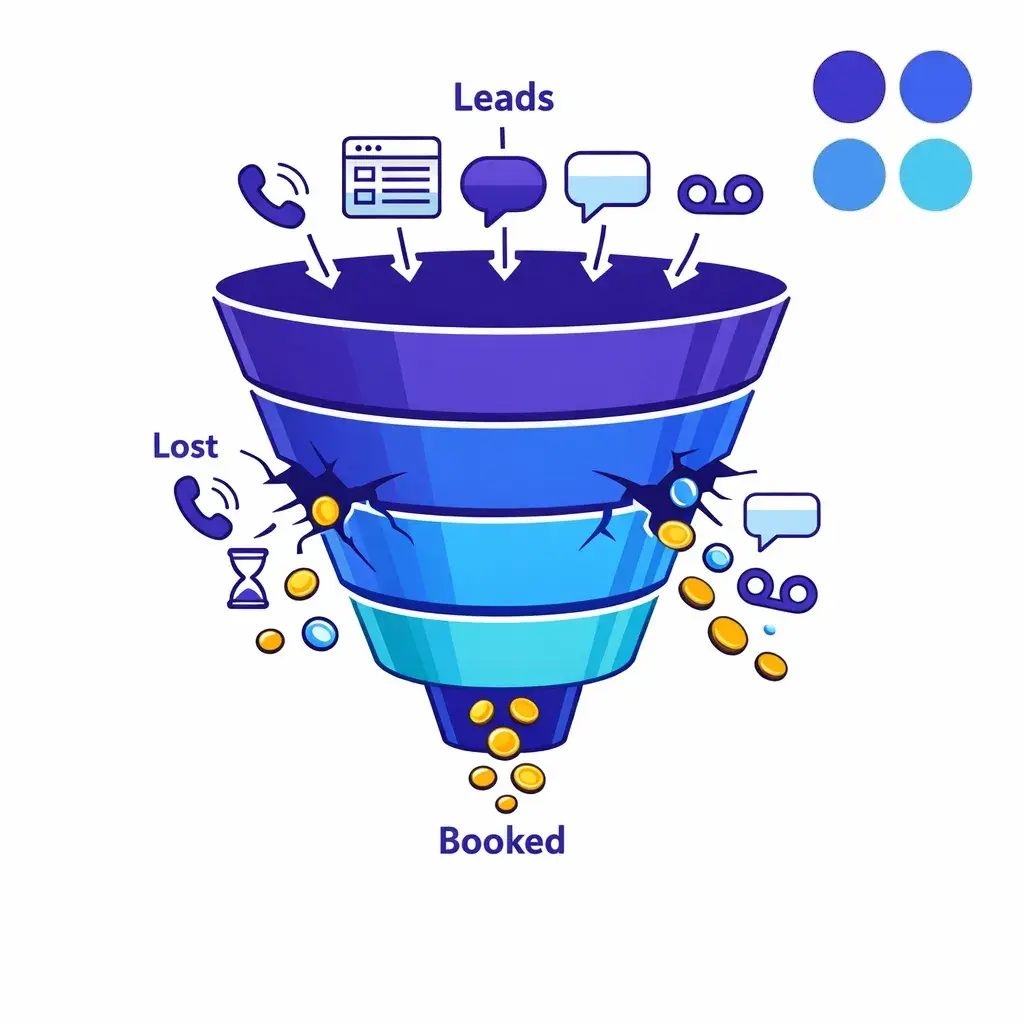 A central funnel leaks blue call and message icons into lost revenue droplets on a white background.