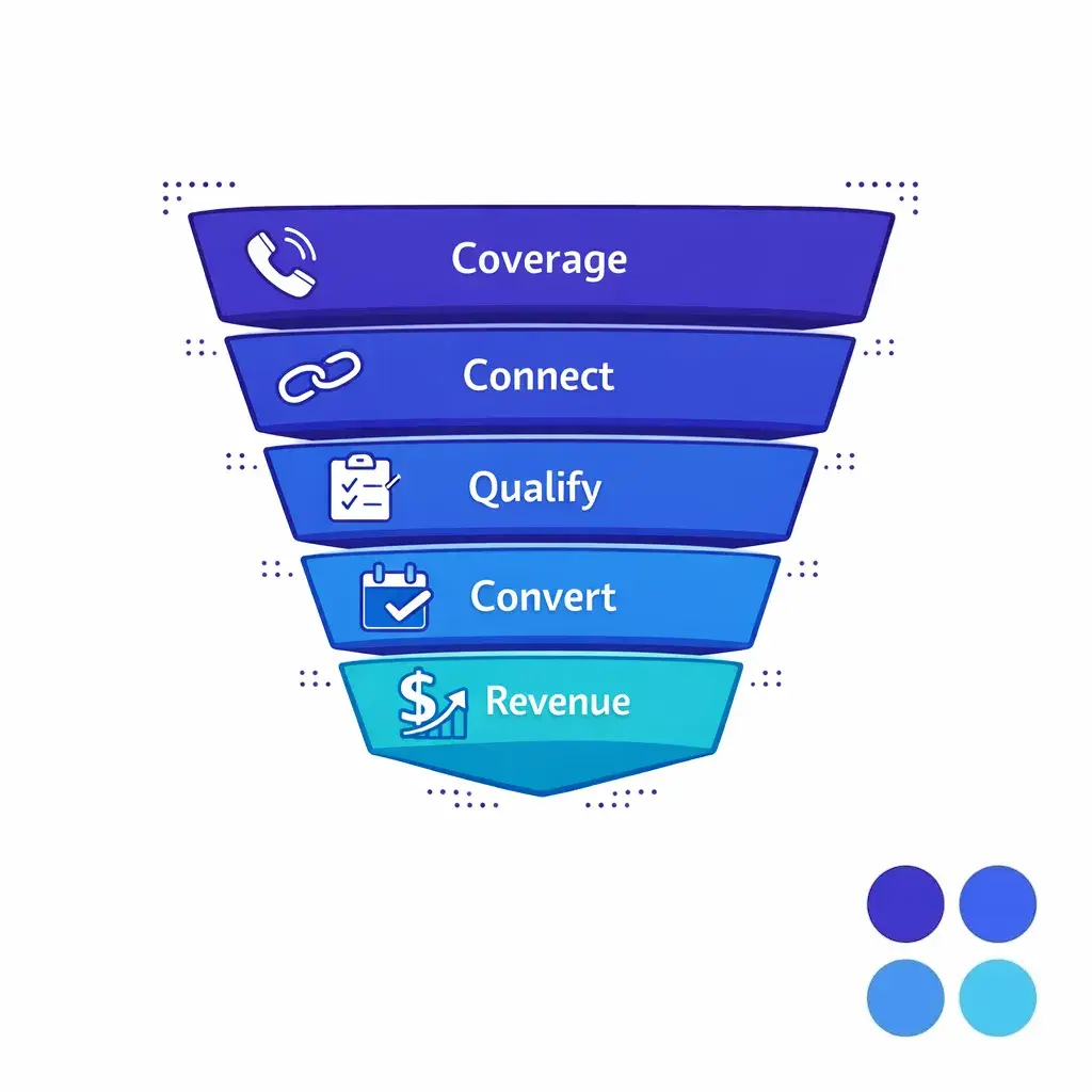 A clean funnel diagram shows coverage, conversion, quality, and revenue outcomes linked by arrows.