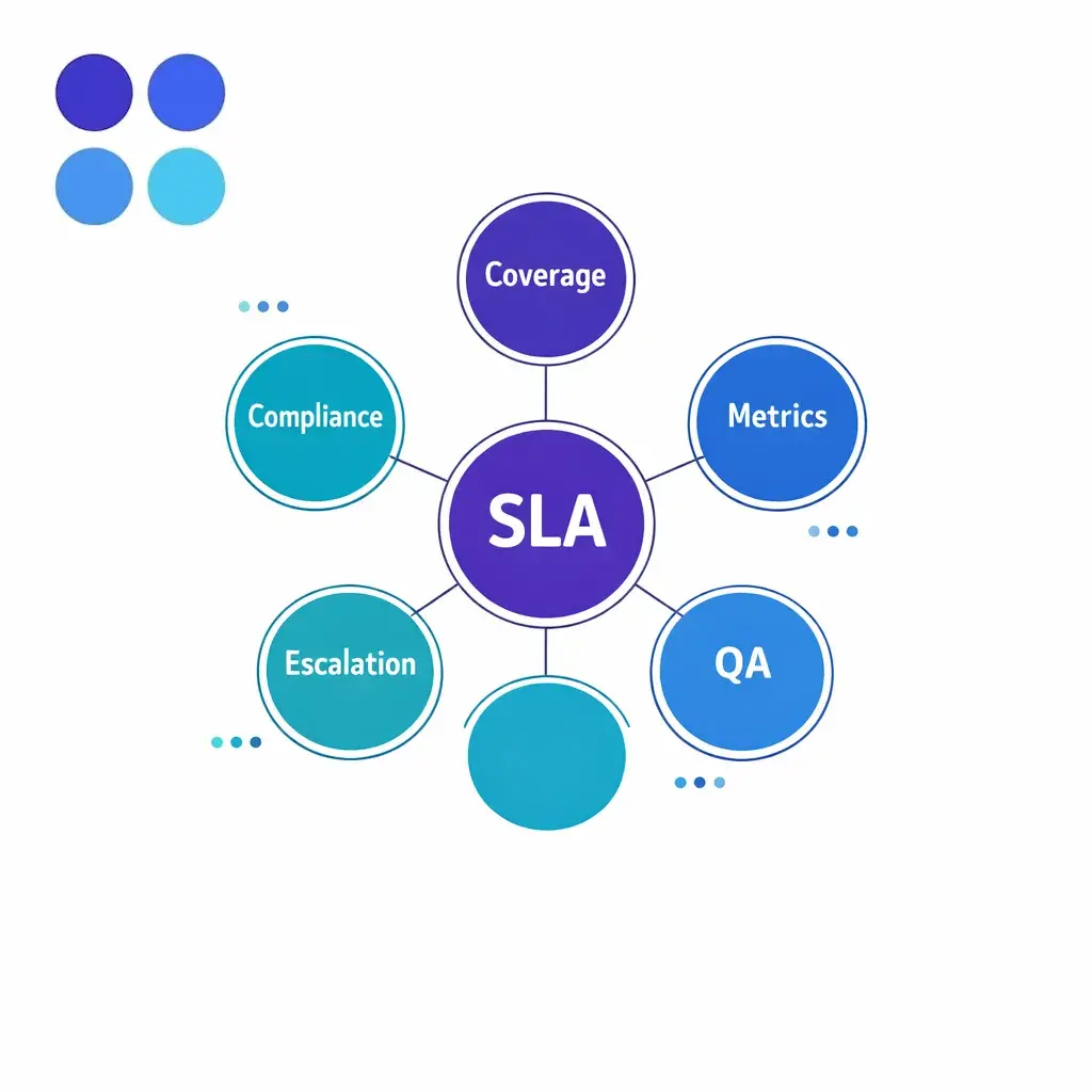 A central diagram shows SLA components like coverage, metrics, QA, escalation, and compliance connected in a hub.
