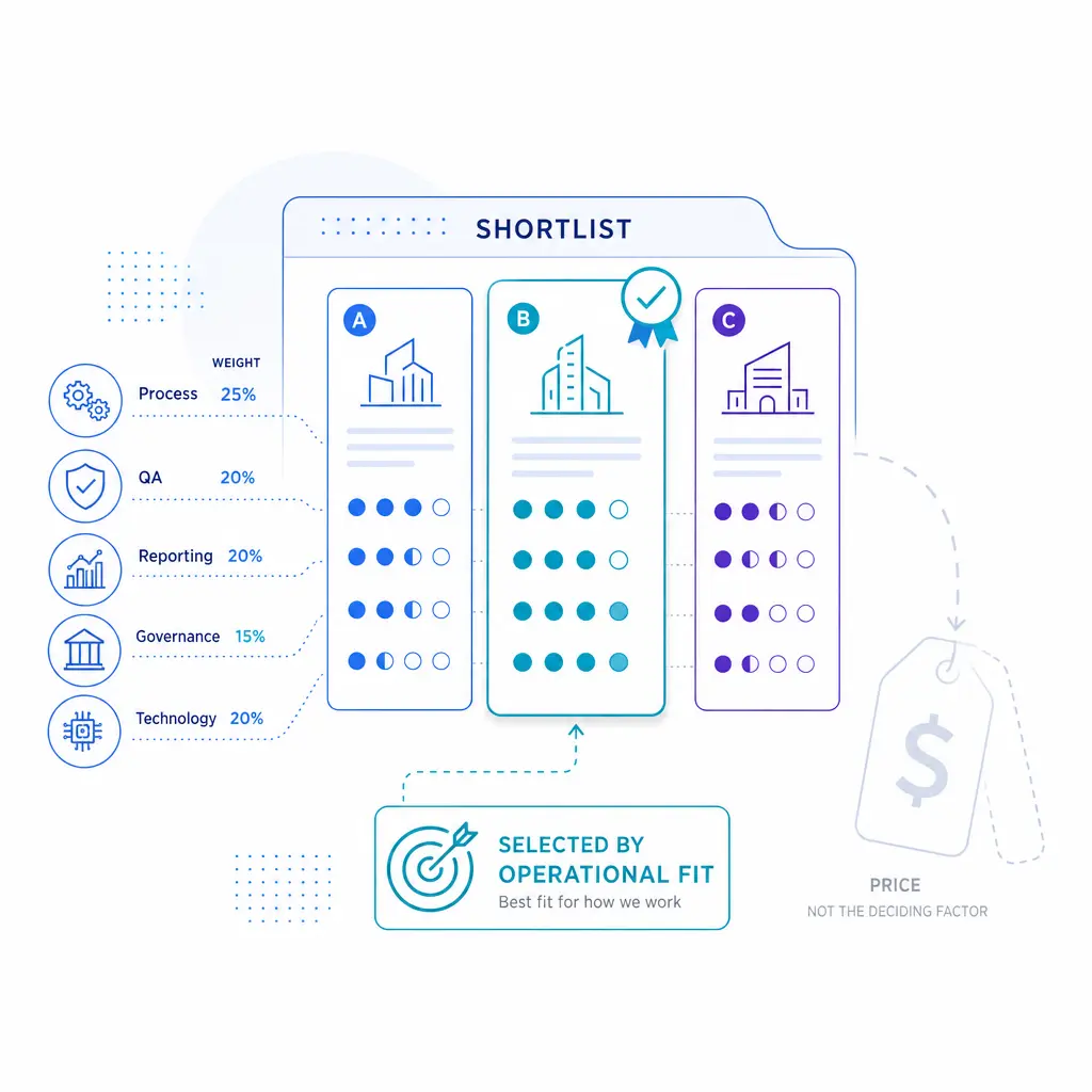 A centered comparison diagram shows BPO providers scored by process, controls, reporting, and fit over price.