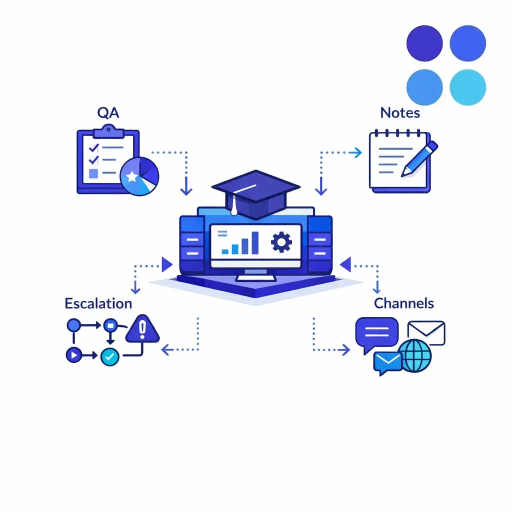 A central training hub connects QA, escalations, notes, and channels in a clean operational diagram.