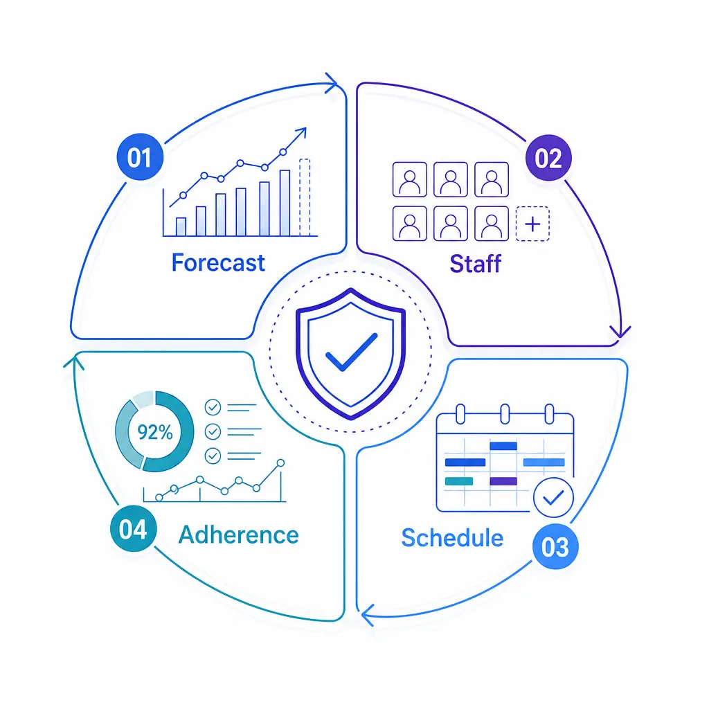 A minimal circular diagram shows forecasting, staffing, scheduling, and adherence around reliable coverage.
