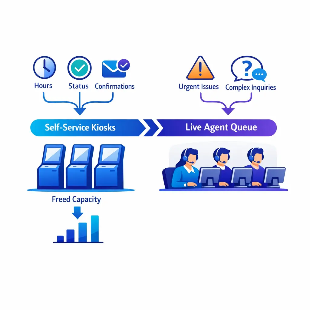 Self-service paths remove simple contacts so agents can focus on higher-value live conversations.