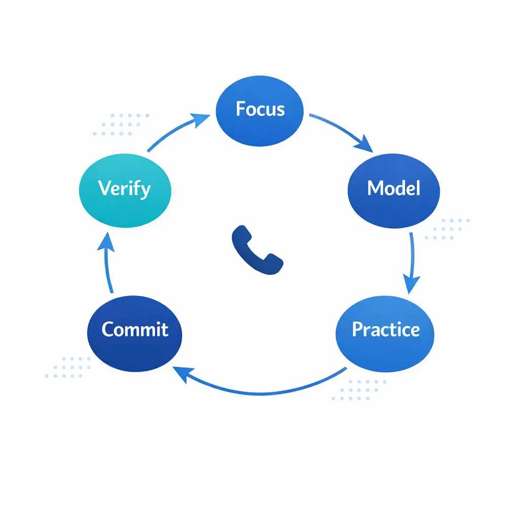 A coaching loop diagram highlights focus, model, practice, commit, and verify around one audited call.