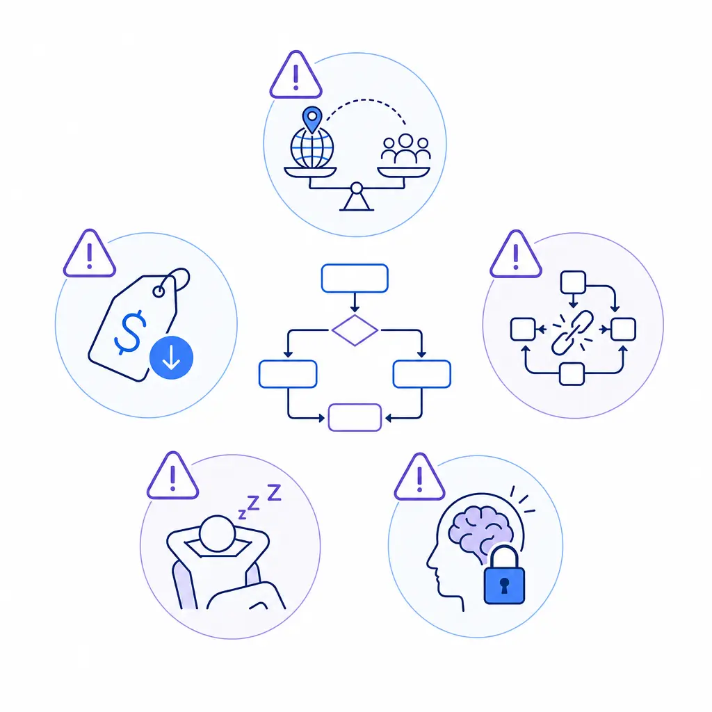 Five warning icons spotlight confusion between offshoring, low-price traps, broken processes, and poor management.