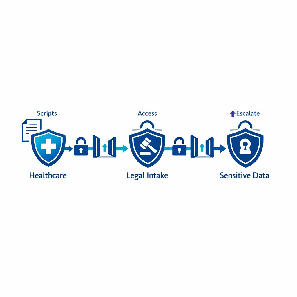 A protected workflow shows scripts, permissions, and escalations guarded by compliance checkpoints.