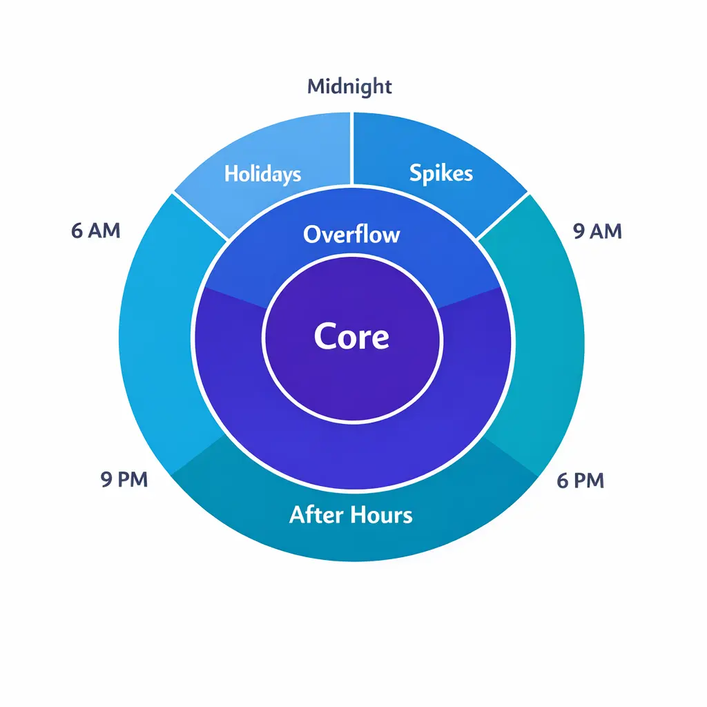 A 24-hour coverage wheel maps queue ownership across core, overflow, and after-hours windows.