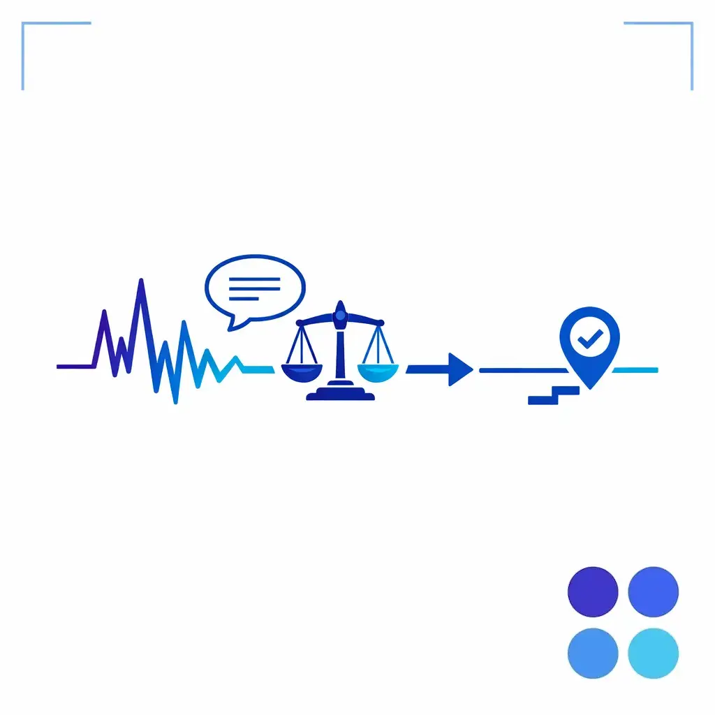A spiking complaint line settles into a stable path with a clear next-step marker.