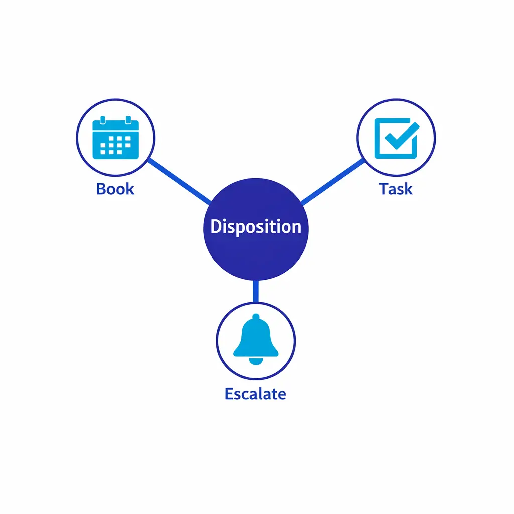 Disposition icons map to one clear next action path like task, appointment, or escalation.