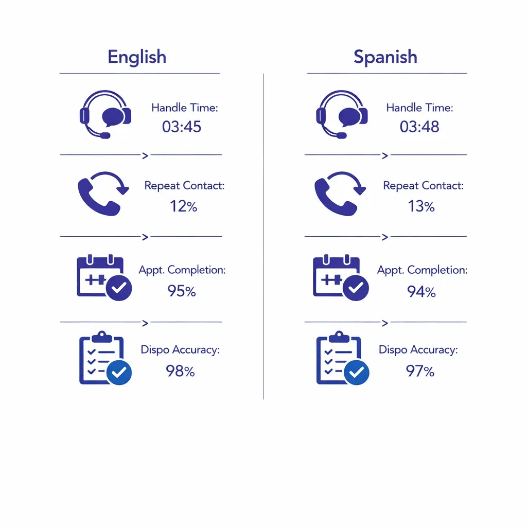 Two parallel process lanes compare English and Spanish outcomes to reveal gaps in handle time and completion.