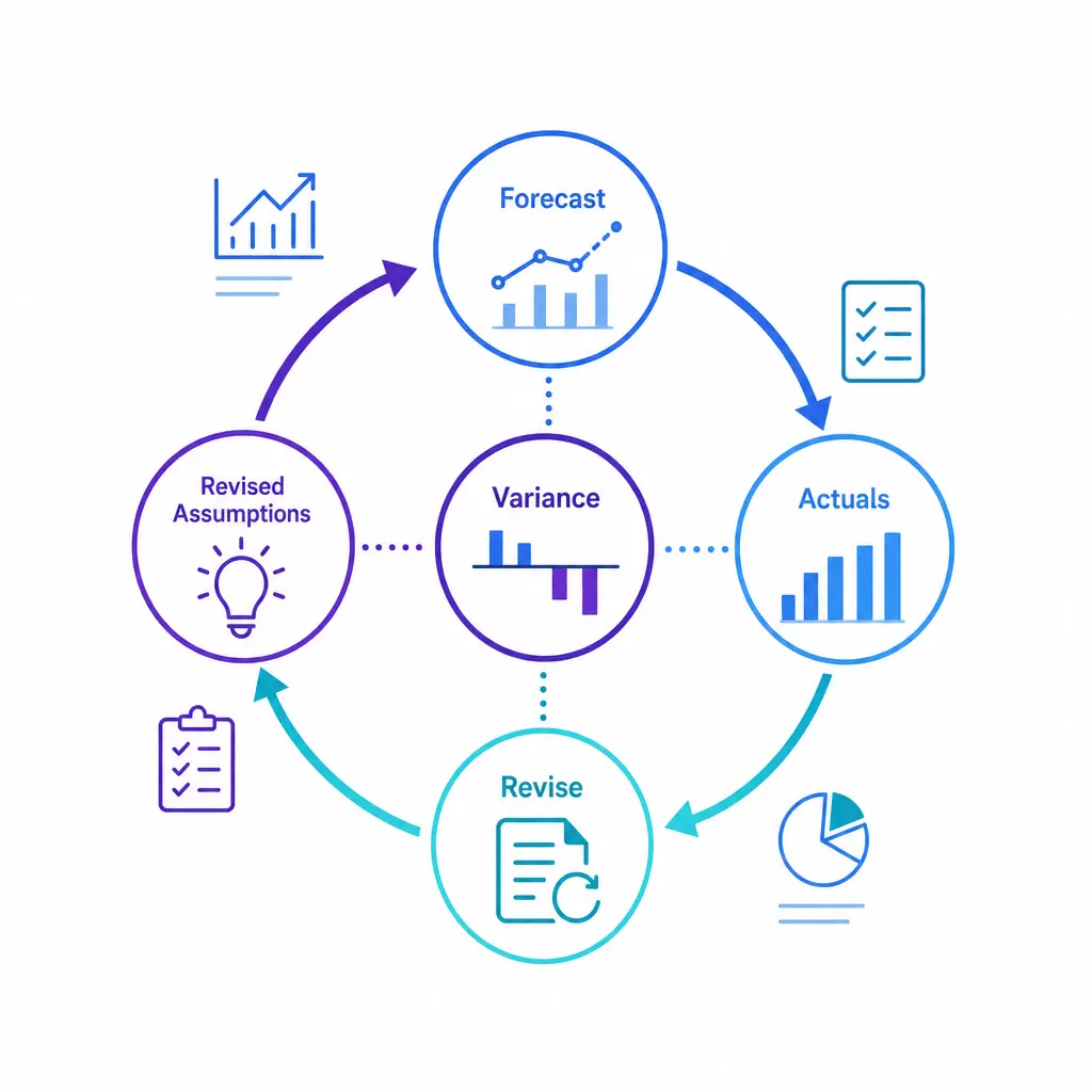 A weekly review loop compares forecast and actuals to refine assumptions over time.