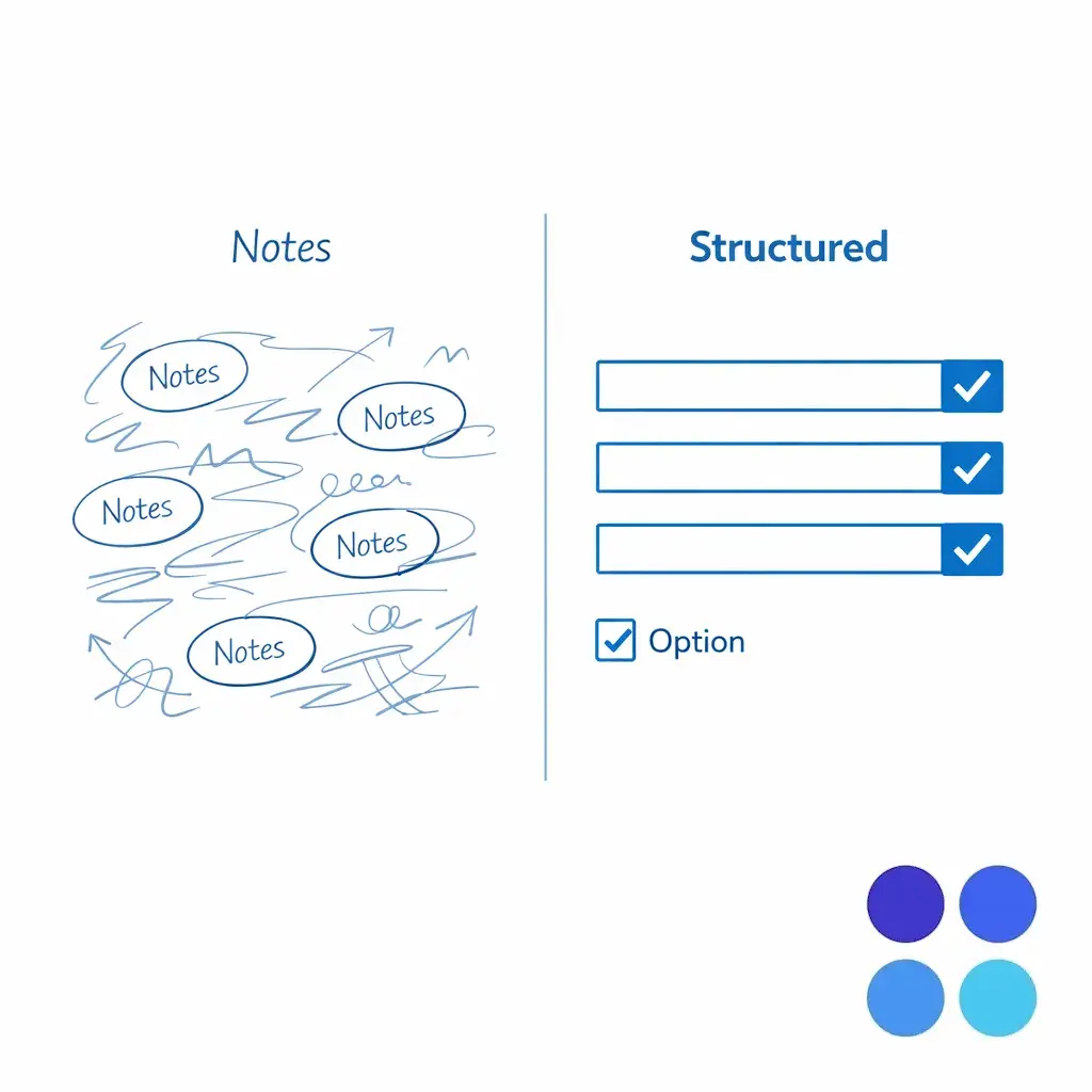 A side-by-side comparison contrasts messy free-text entries with normalized structured fields.
