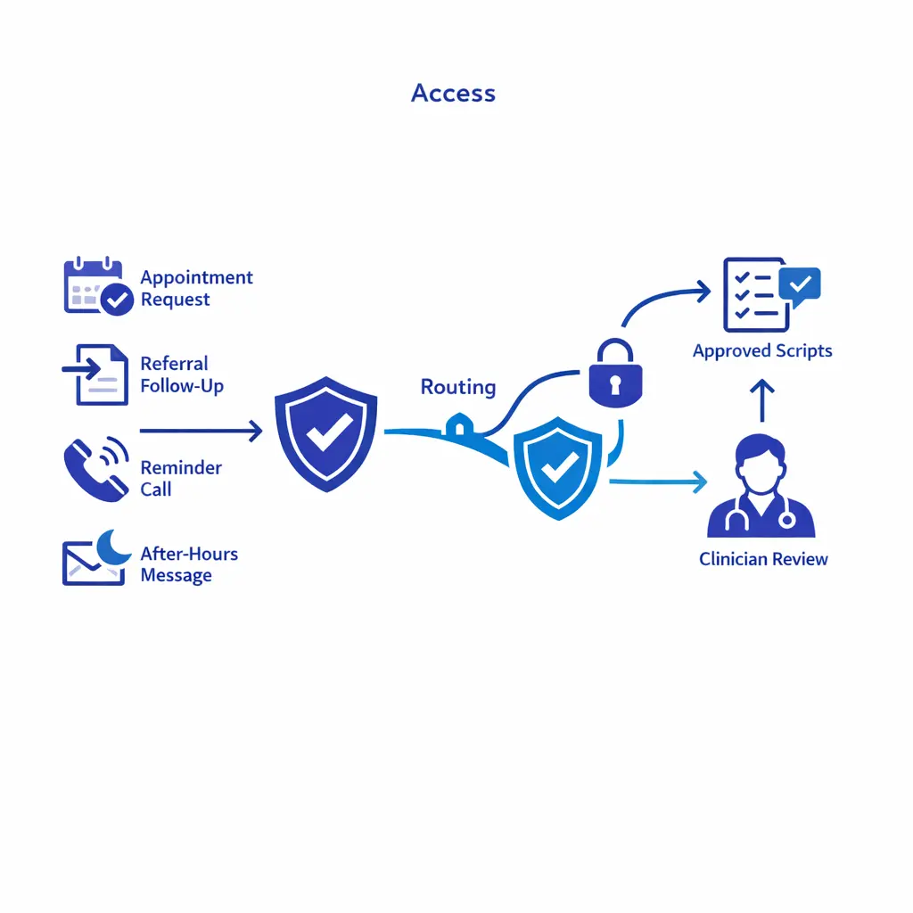 Appointment requests and reminders move through privacy-safe routing with clear nonclinical boundaries.