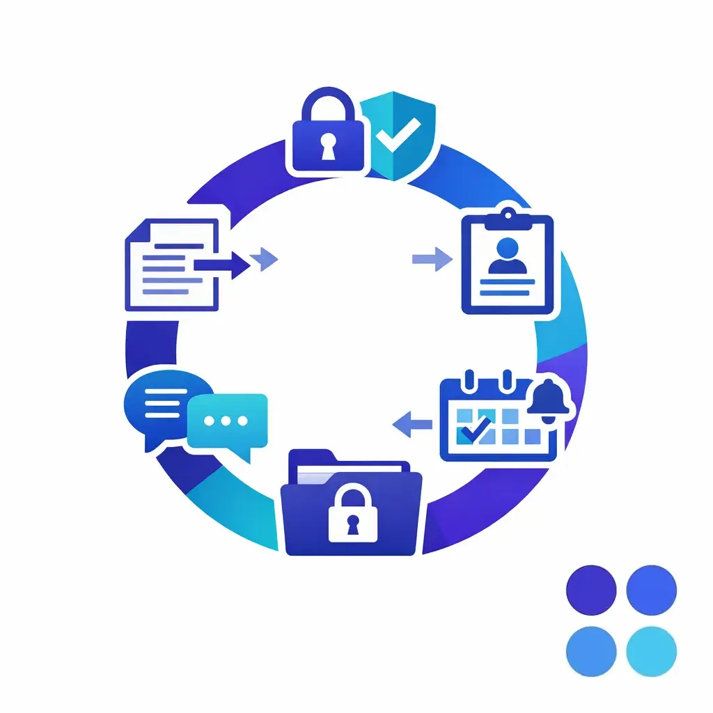 A healthcare intake diagram shows referrals, registration cleanup, reminders, and secure handoffs around a protected workflow.
