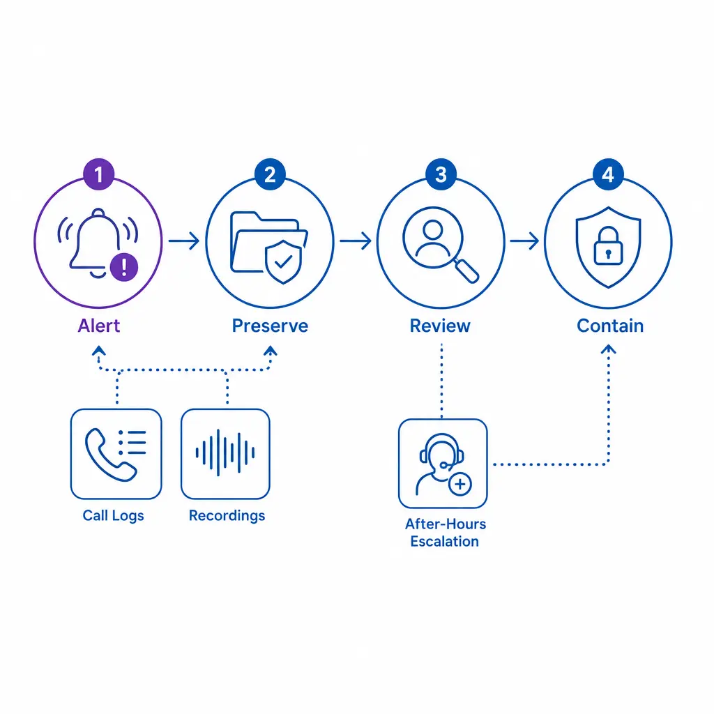 A clear response chain maps alert, evidence, review, and containment steps after a suspected incident.