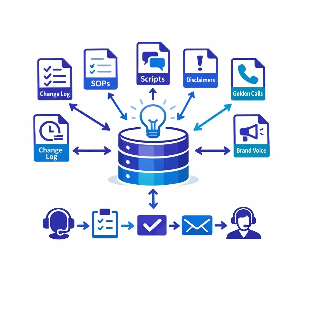 A central knowledge hub feeds scripts, SOPs, and brand voice into a consistent support workflow.
