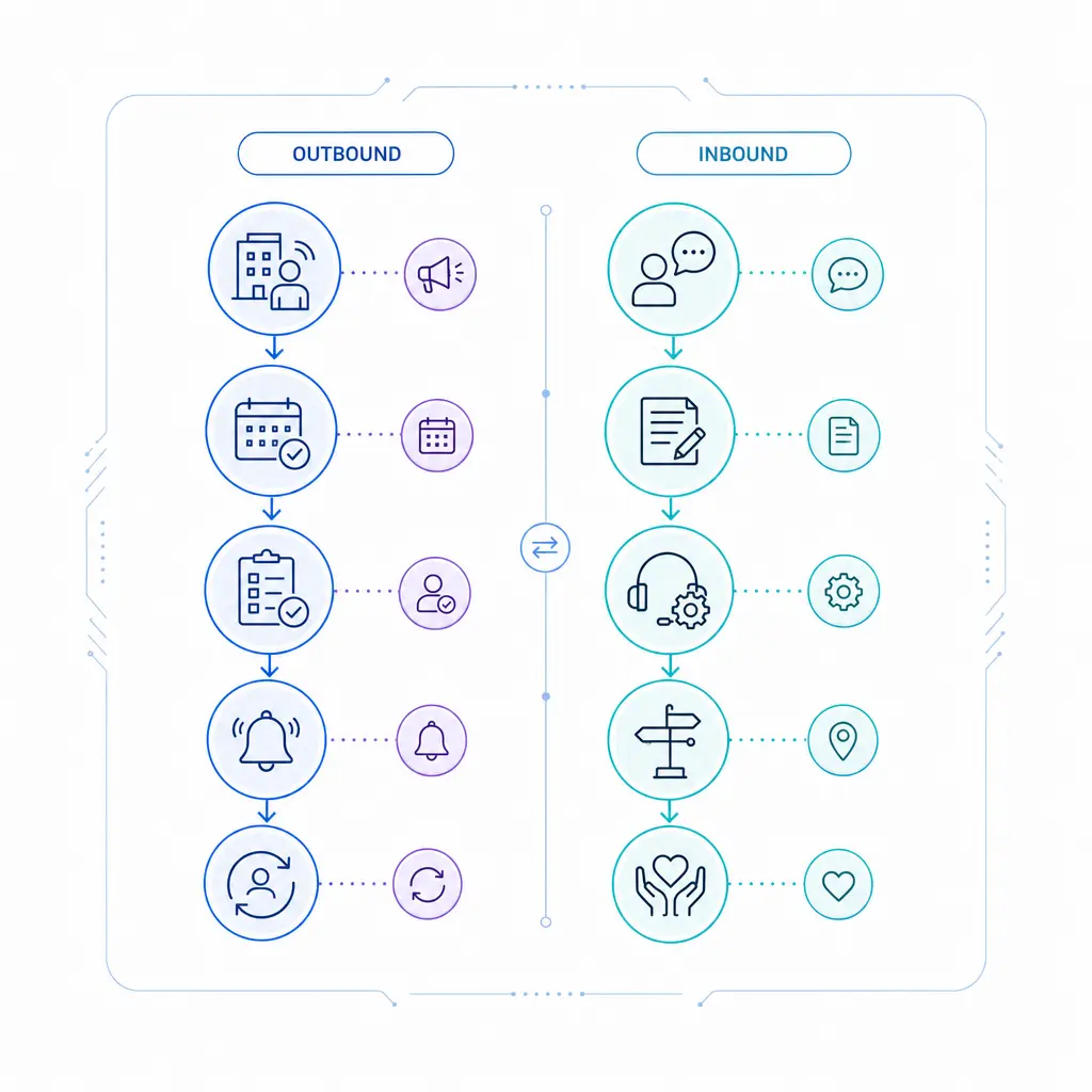 Two parallel lanes compare business-initiated outreach with customer-initiated support interactions.