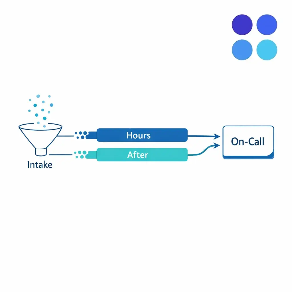 An intake pipeline illustrates overflow and after-hours coverage feeding into on-call roles.