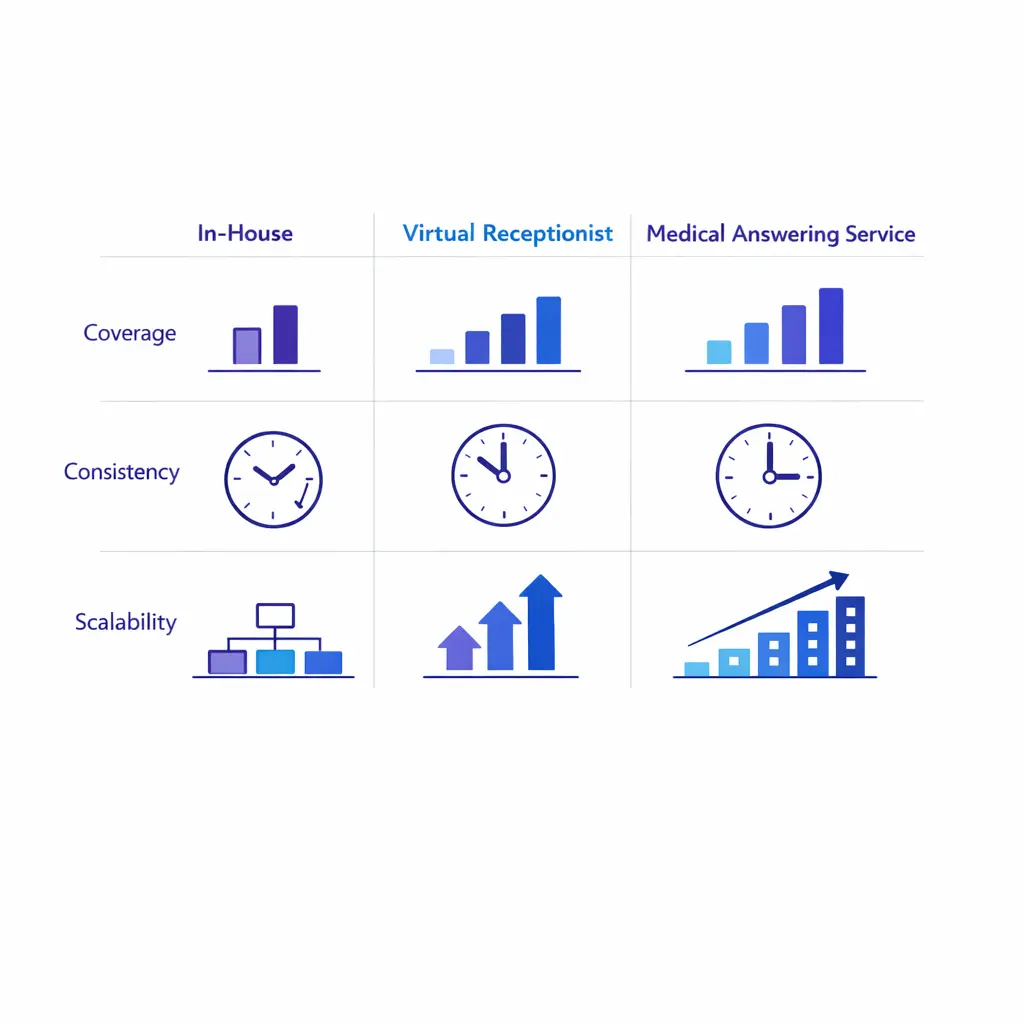 Three simplified columns compare in-house front desk, virtual receptionist, and medical answering service coverage.