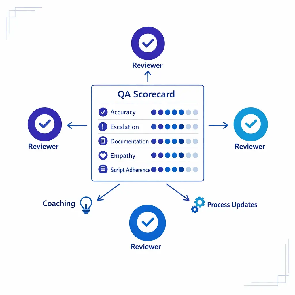 A call quality scorecard with aligned reviewers illustrates calibration, consistency, and coaching-ready standards.