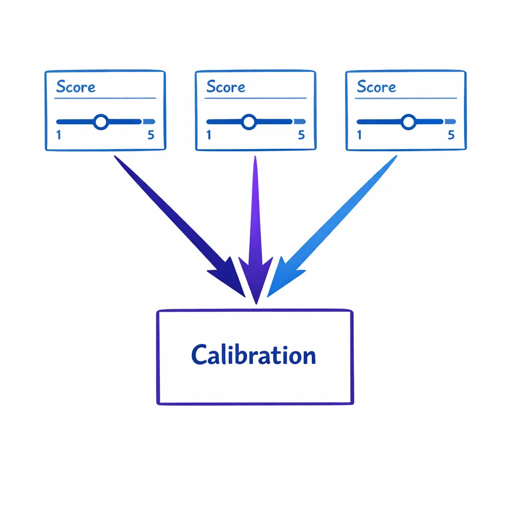 Multiple reviewers grade the same call card and converge on one consistent score.