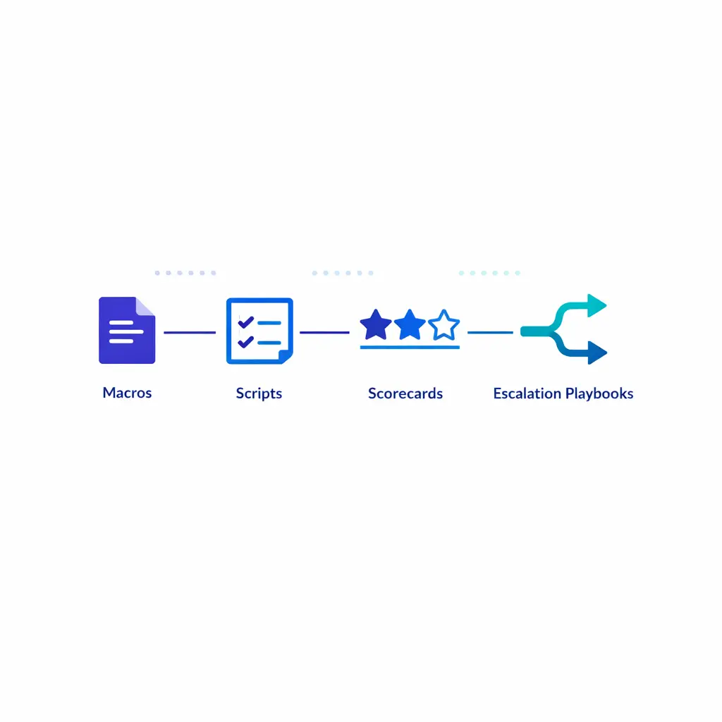 A structured quality assurance illustration shows macros, scripts, scorecards, and escalation playbooks working together.