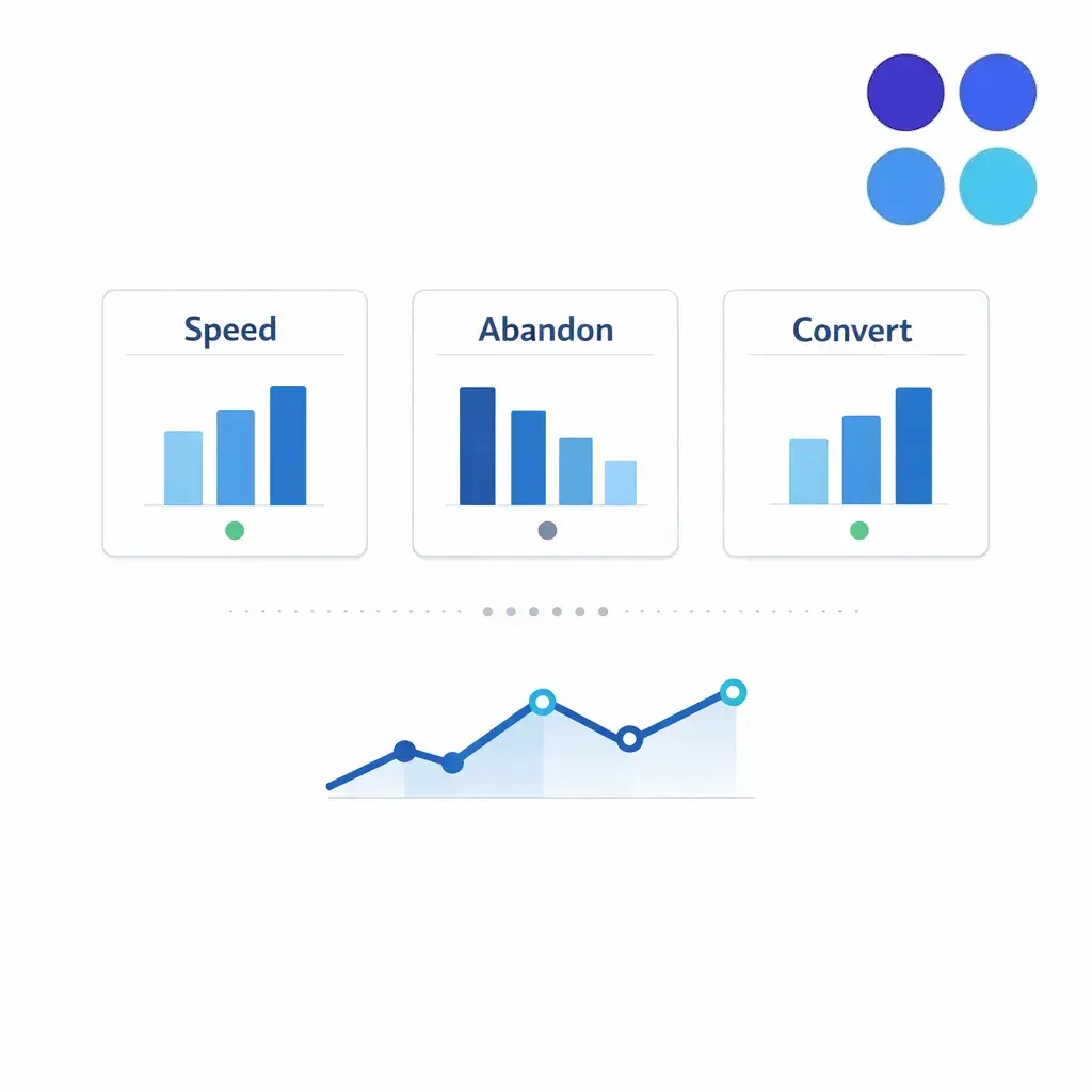 A simplified dashboard displaying speed to answer, abandonment, and conversion with clean KPI tiles.