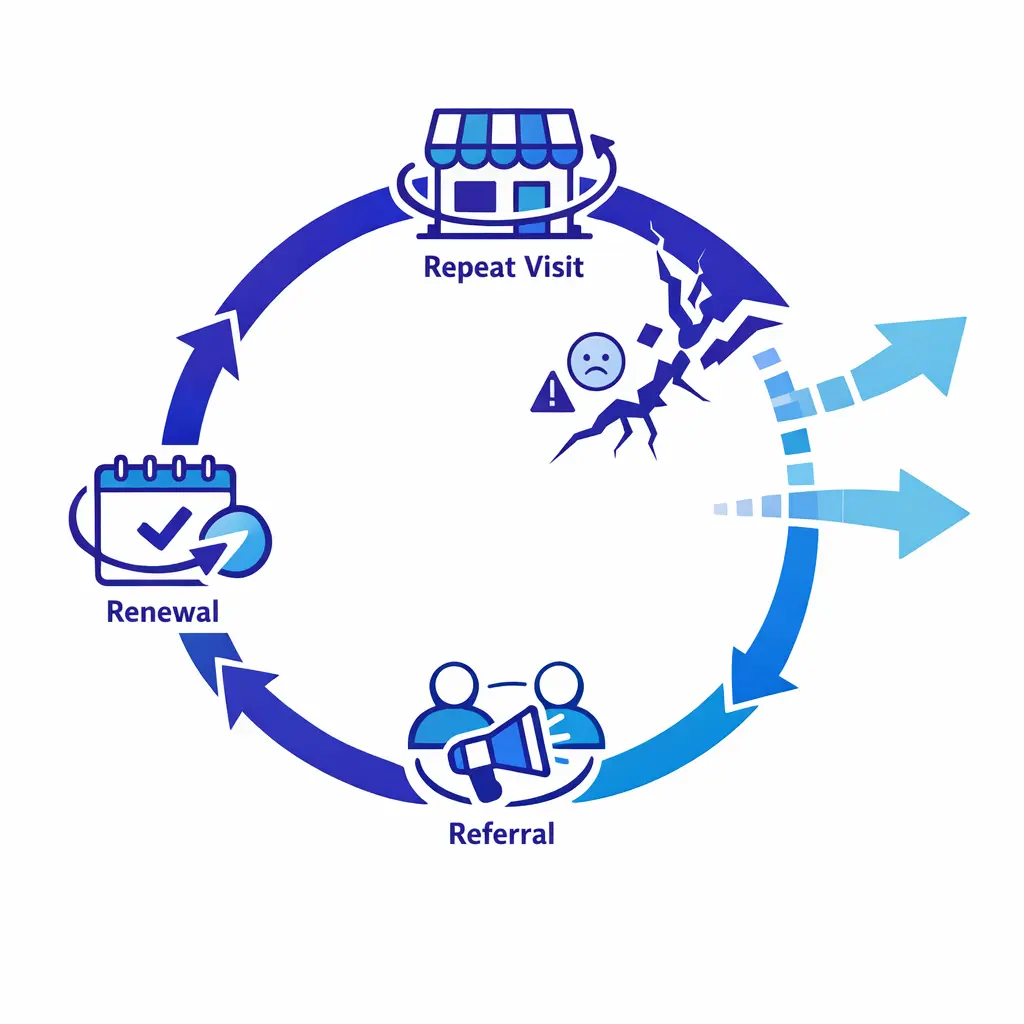 A loyalty loop weakens after a single broken moment, with repeat and referral paths fading away.