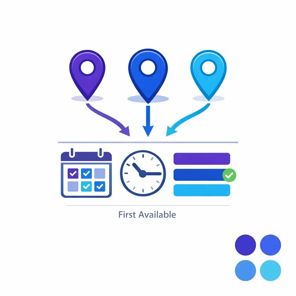 Multiple locations connect to one booking path with date and time nodes for balanced appointment scheduling.